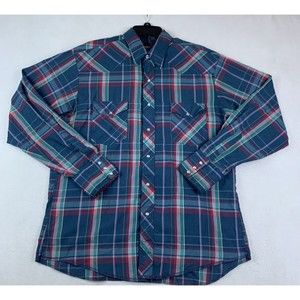 VTG Wrangler Western Shirt Mens L Blue Green Red Plaid Pearl Snap Cowboy Rodeo